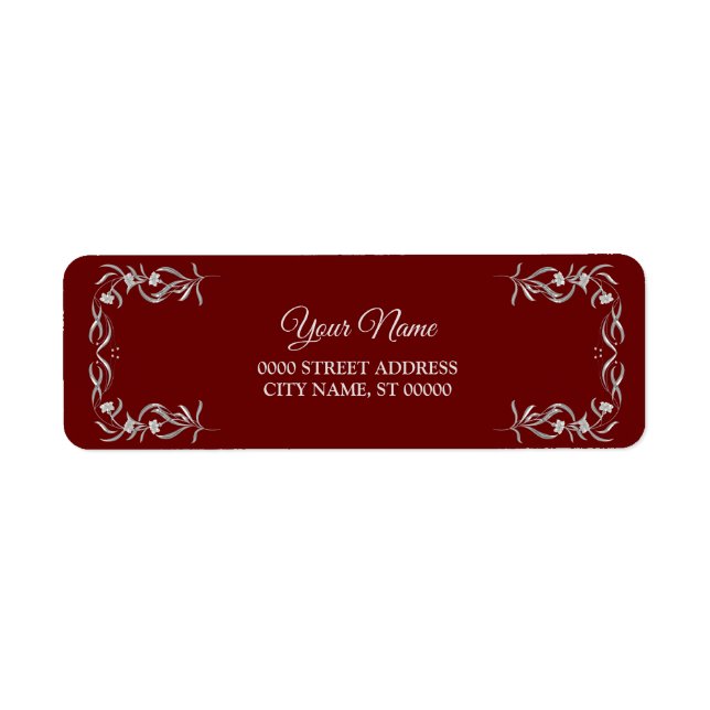 Étiquette Silver Floral Pattern Red Wedding Return Address (Devant)