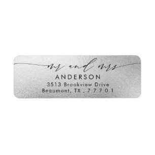 Étiquette Silver Foil Script Chic Mr & Mrs Adresse de retour