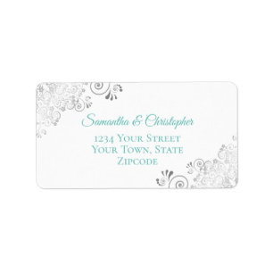 Étiquette Silver Lace Aqua Turquoise sur White Mariage Adres