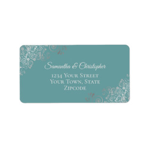 Étiquette Silver Lace Frills on Teal Elegant Wedding Address