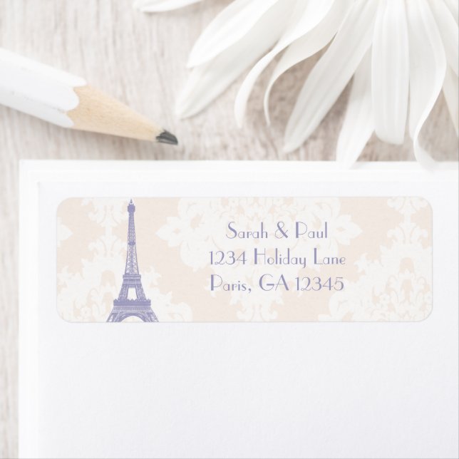 Étiquette Silver Peony Damask Lavender Vintage Tour Eiffel (En situation)