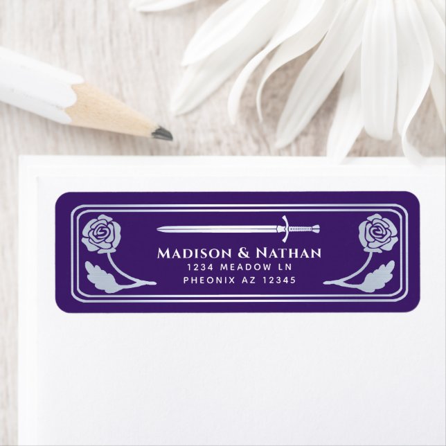 Étiquette Silver Purple Medieval Fantasy Sword Wedding Label (En situation)