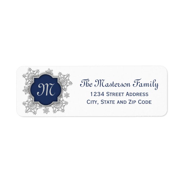 Étiquette Silver Snowflake Blue Monogram Quatrefoil (Devant)