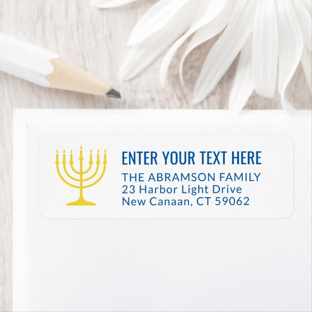 Étiquette Simple 7 bougies Menorah Gold & Blue Adresse de re (En situation)