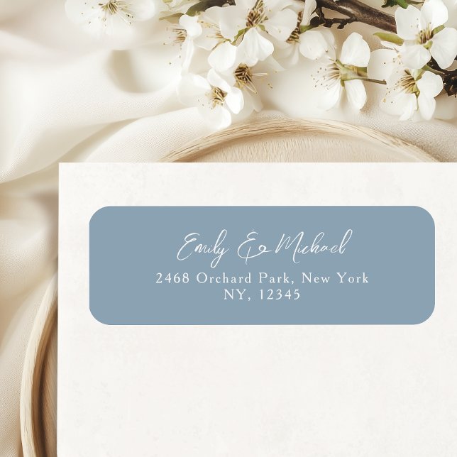 Étiquette Simple Dusty Blue Script Wedding Return Address (Elegant and minimal white  typography on dusty blue background - a timeless classic)
