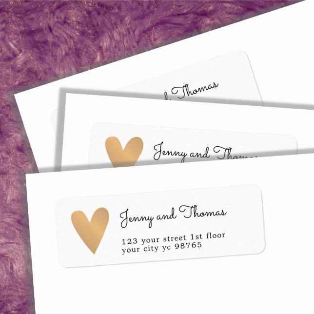 Étiquette Simple Elegant Blanc Faux Gold Heart Mariage (Créateur téléchargé)