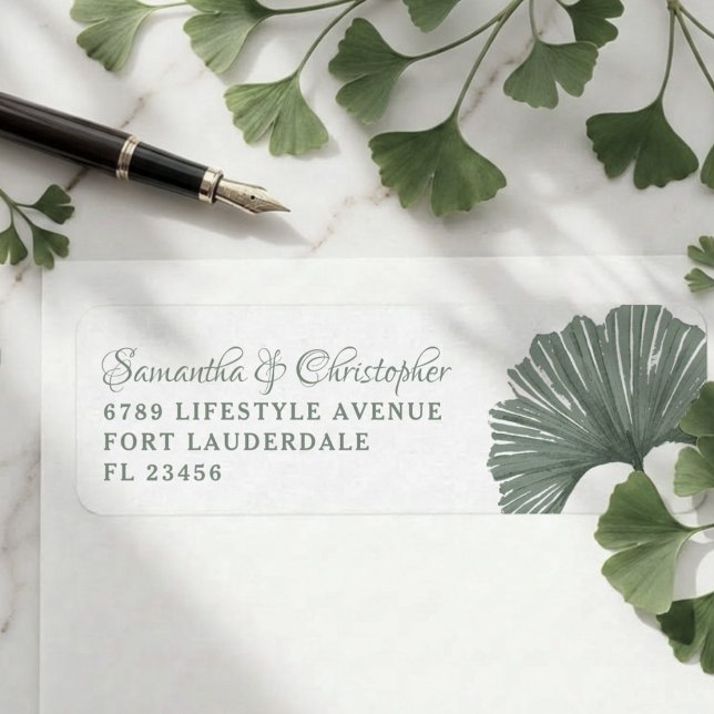 Étiquette Simple Mariage Feuille de Ginkgo Vert de Sage (Créateur téléchargé)