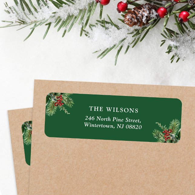 Étiquette Simple Noël Feuilles & Berries Adresse de retour (Simple elegant Christmas return address label with pine leaves and berries motifs)
