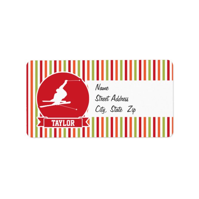 Étiquette Ski De Neige, Ski, Rouge, Orange, Bandes Vertes (Devant)