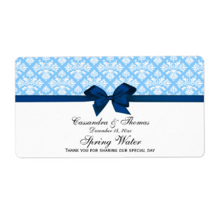Étiquette Sky Blue, White Damask Water Étiquette, Navy Bow