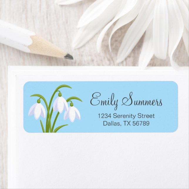 Étiquette Snowdrops - Fleurs de printemps sur bleu (En situation)
