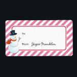 Étiquette Snowman rayures roses personnalisées à partir d'un<br><div class="desc">Faites plaisir à vos amis et à votre famille avec ces étiquettes de cadeaux de vacances personnalisées. Personnalisé avec le nom du donneur, ou laisser vide pour écrire à la main plus tard. Utilisez ces autocollants pour des sacs cadeaux, des boîtes, des faveurs de fête, des sacs à bonbons, des...</div>