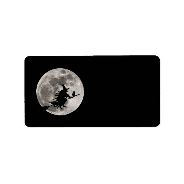 Étiquette Sorcière volante avec une lune brillante derrière  (Devant)