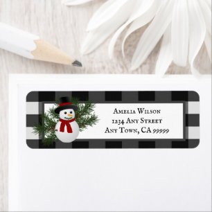 Étiquette Sourire Snowman Buffalo Plaid Adresse de retour