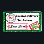 Étiquette Special Delivery Christmas Package Label<br><div class="desc">Personalize your Christmas gifts and packages with these adorable gift tags. There's a green glitter border with a white center. On the left corner there's a North Pole stamp. Along the bottom is the signature of Santa Claus with a stamp "Nice" next to it. You add the recipients name and...</div>