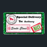 Étiquette Special Delivery Christmas Package Label<br><div class="desc">Personalize your Christmas gifts and packages with these adorable gift tags. There's a green glitter border with a white center. On the left corner there's a North Pole stamp. Along the bottom is the signature of Santa Claus with a stamp "Nice" next to it. You add the recipients name and...</div>