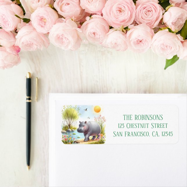 Étiquette Spring Watercolor Hippopotamus Adresse de retour (Créateur téléchargé)