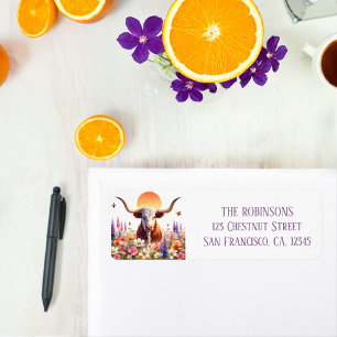 Étiquette Spring Watercolor Texas Longhorn Adresse de retour