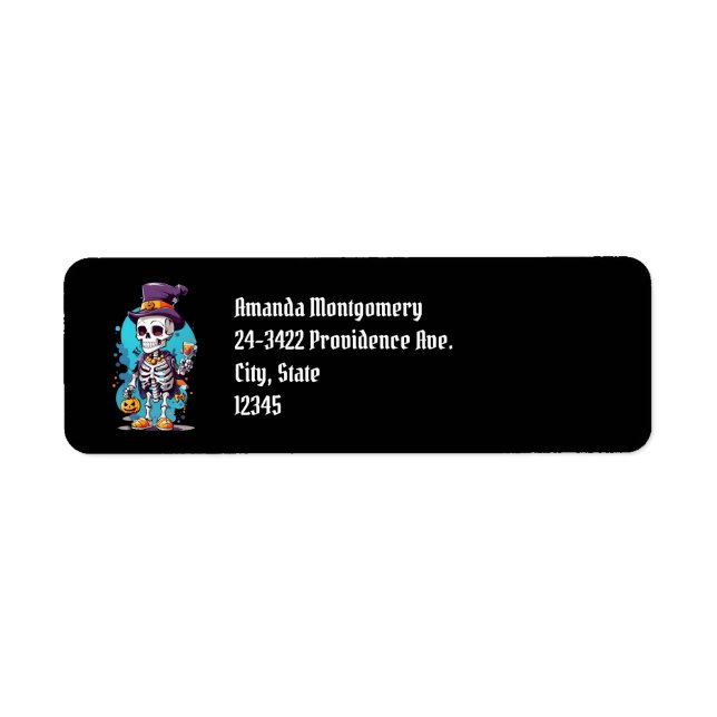 Étiquette Squelette cool dans un chapeau haut Halloween noir (Devant)