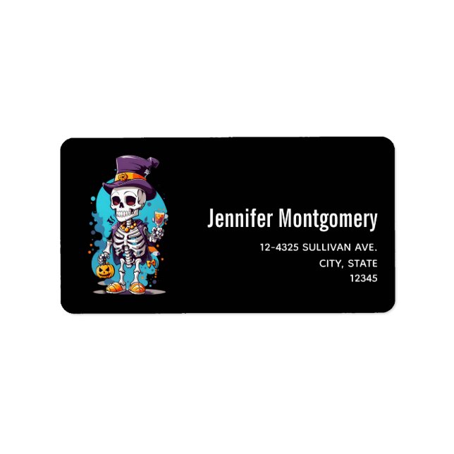 Étiquette Squelette cool dans un Halloween de chapeau haut d (Devant)