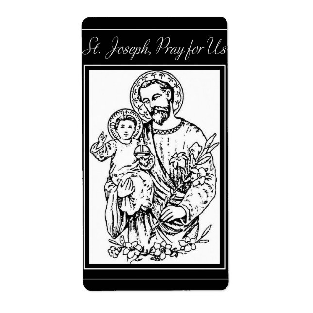 Étiquette St. Joseph Priez pour Nous Noir,  Blanc, Catholiqu (Devant)