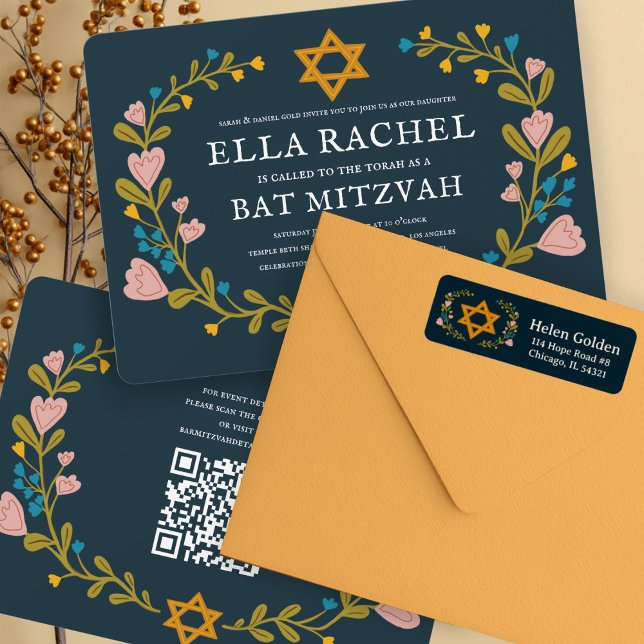 Étiquette Star of David Floral Jewish Adresse de retour (Star of David Floral Wreath Jewish Wedding Hanukkah Bat Mitzvah Return Address Label Sticker
)