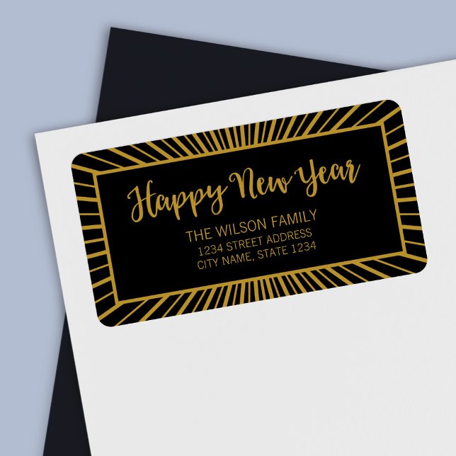 Étiquette Starburst Script Black Happy New Year Address (Créateur téléchargé)