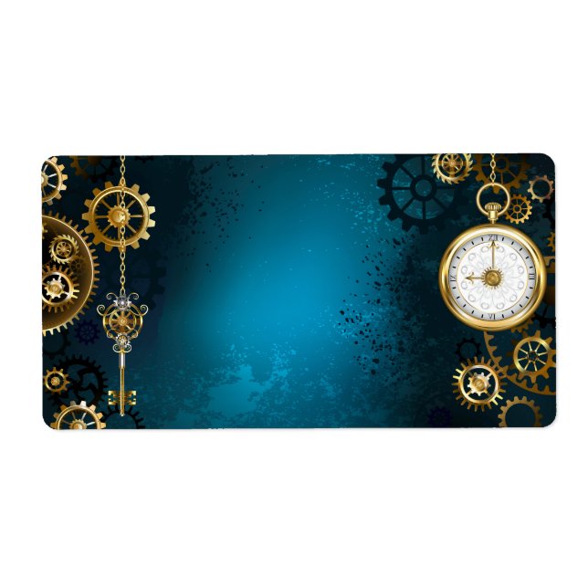 Étiquette Steampunk Arrière - plan turquoise avec Gears (Devant)