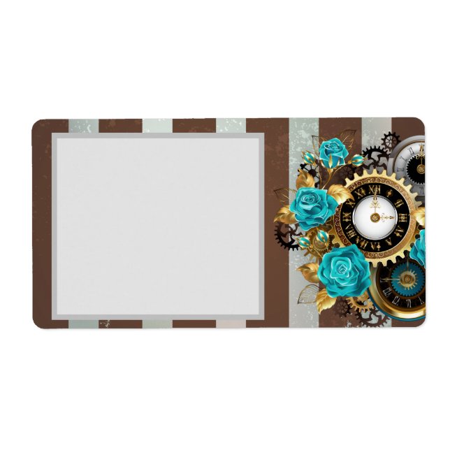 Étiquette Steampunk Clock and Turquoise Roses on Striped (Devant)