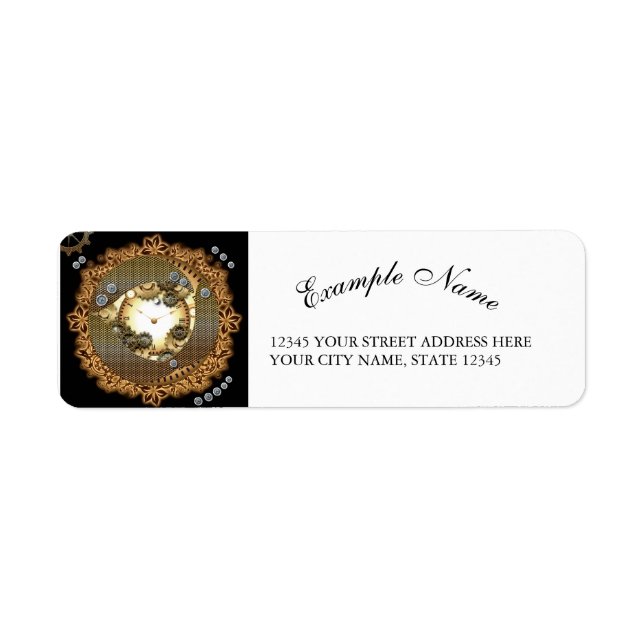 Étiquette Steampunk, horloges et engrenages en or (Devant)