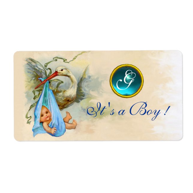 ÉTIQUETTE STORK BÉBÉ GARÇON DOUCHE TURQUOISE BLUE GEM MONOGR (Devant)