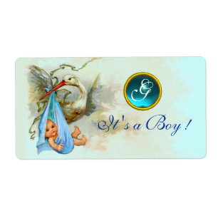 ÉTIQUETTE STORK BÉBÉ GARÇON DOUCHE TURQUOISE BLUE GEM MONOGR