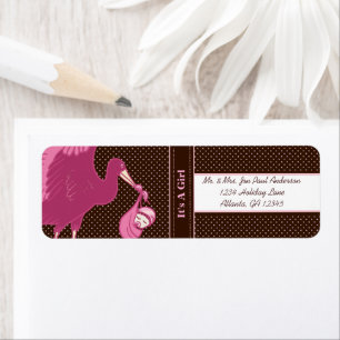 Étiquette Stork New Baby C'est une fille Brown & points rose