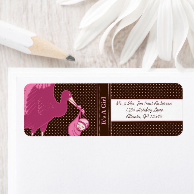 Étiquette Stork New Baby C'est une fille Brown & points rose (En situation)