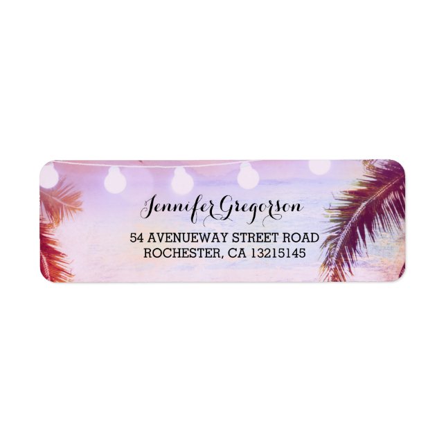 Étiquette String Lights Palms Beach Sunset Retour Mariage (Devant)