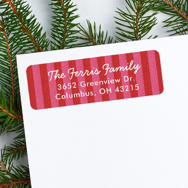 Étiquette Striped pink red simple Christmas return address (Créateur téléchargé)