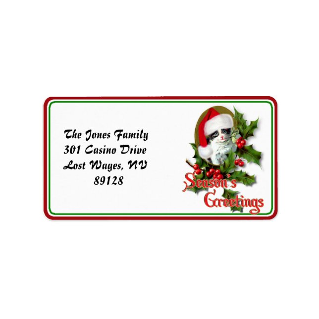 Étiquette Style ancien Noël Kitten Bonnes Fêtes (Devant)