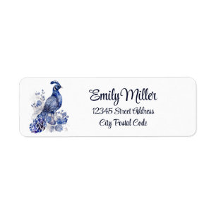 Étiquette Style bleu et blanc Delft paon avec fleurs