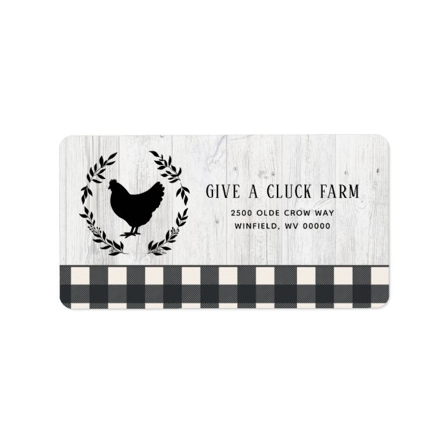 Étiquette Style Ferme Blanc Noir Plaid Poulet Bois (Devant)