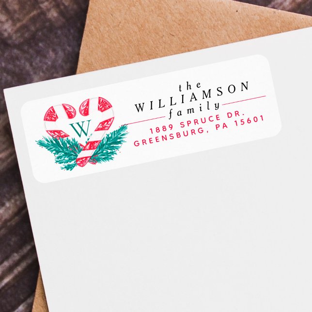 Étiquette Sucre de canne Coeur Pine verte Crête de Noël (Candy Cane Heart Green Pine Christmas Crest Label)