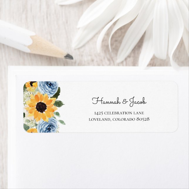 Étiquette Sunflower Dusty Blue Floral Mariage Retour Adresse (En situation)