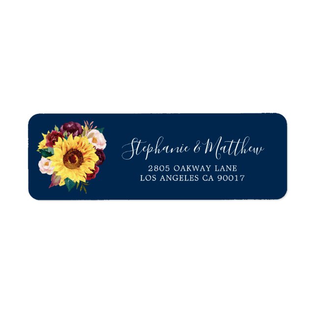 Étiquette Sunflower Navy Blue Burgundy Adresse du Mariage (Devant)