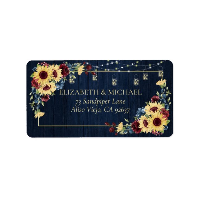 Étiquette Sunflower Navy Blue Burgundy Wood Floral Adresse (Devant)