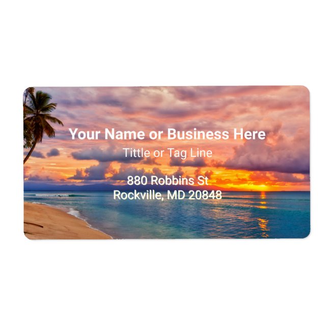 Étiquette Sunrise Beach et Palm Trees Tropical (Devant)