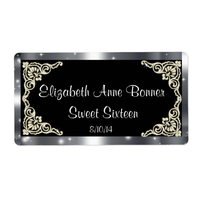 Étiquette Sweet sixteen Argent et noir, Custom, Eau (Devant)
