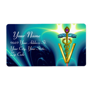 Étiquette SYMBOLE VÉTÉRINAIRE D'OR CADUCUS, Bleu Aqua, Turqu