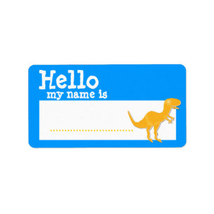 Étiquette T-Rex orange bonjour mon nom est bleu de badge