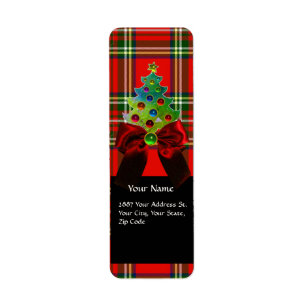 ÉTIQUETTE TARTAN ÉCOSSAIS, ARCS ROUGES DE VERT ET ARBRE DE