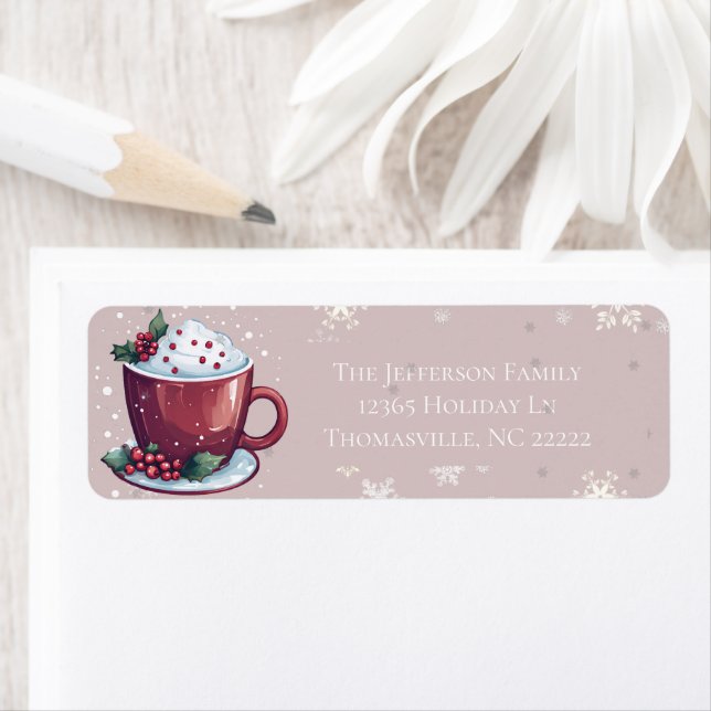Étiquette Tasse de Chocolat Chaud de Noël | Rose Pâle (En situation)