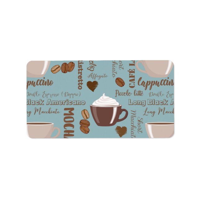 Étiquette Tasses De Café Mignon Crème Grains De Café Brun Cœ (Devant)